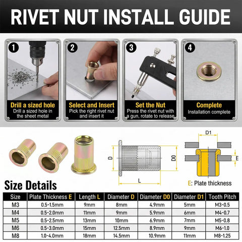 Heavy Duty 430Pc Metric Rivet Nut Tool Kit With Carbon Steel Assortment Set M3 M4 M5 M6 M8 Ideal For Furniture Marine Auto And Industrial DIY Projects install guide