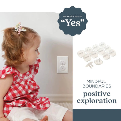 Plastic Baby Safety Outlet Plug Covers 12 Pack For Quick Home Childproofing Easy To Install No Tools Required Keeps Curious Toddlers Safe While You Chill At Home showing plugs and a child nearby.