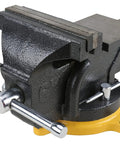 Heavy Duty 6 Inch Swivel Base Bench Vise One Hand Quick Release Tool Clamp with polished anvil and sturdy jaws.