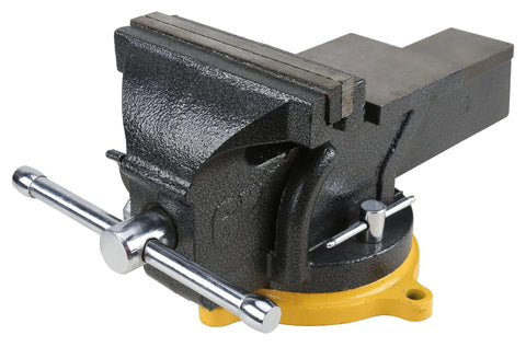 Heavy Duty 6 Inch Swivel Base Bench Vise One Hand Quick Release Tool Clamp with polished anvil and sturdy jaws.