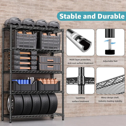 Heavy Duty 5-Tier Steel Storage Shelving Unit With 1750 Lb Capacity Wire Organizer Rack For Home Kitchen Garage And Office, 17.7 Inches Deep By 47.2 Inches Wide By 72.3 Inches High, Adjustable Shelves, black steel garage storage with tires and bins