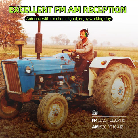 Farmer wearing Bluetooth 5.4 Hearing Protection Headphones With AM FM Radio, 25dB NRR Earmuffs on tractor in orange field