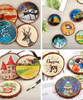 Unfinished Natural Wood Slices With Bark - 20 Pcs 3.5-4 Inch Wood Craft Kit For DIY Projects, painted with various designs.