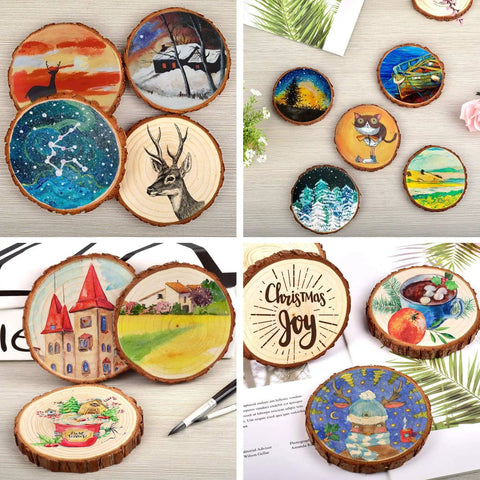 Unfinished Natural Wood Slices With Bark - 20 Pcs 3.5-4 Inch Wood Craft Kit For DIY Projects, painted with various designs.