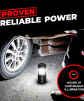 Portable LED Camping Lantern With Battery Power, Magnetic Base And Foldable Hook illuminating car tire in dark setting
