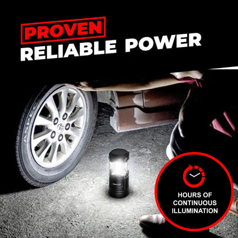 Portable LED Camping Lantern With Battery Power, Magnetic Base And Foldable Hook illuminating car tire in dark setting