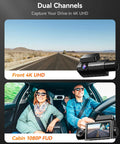 Three Channel Dash Cam With Built In WiFi And GPS showing front 4K and cabin 1080P recording with LCD screen visible