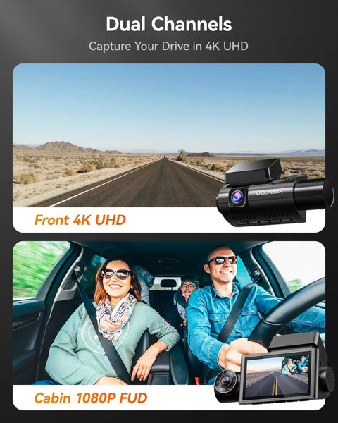 Three Channel Dash Cam With Built In WiFi And GPS showing front 4K and cabin 1080P recording with LCD screen visible