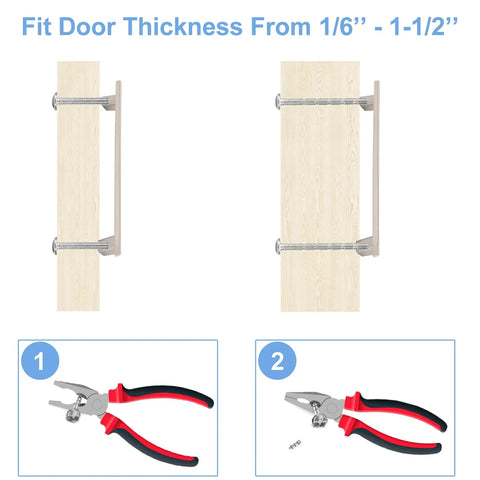 Diagram showing installation steps for 5 Inch Gold Cabinet Pulls With Black Plating Solid Brass Drawer Handles For Kitchen Cupboard Bedroom And Bathroom 128mm Wide Durable Rust Resistant Hardware Upgrade Your Kitchen Style on varying door thicknesses.