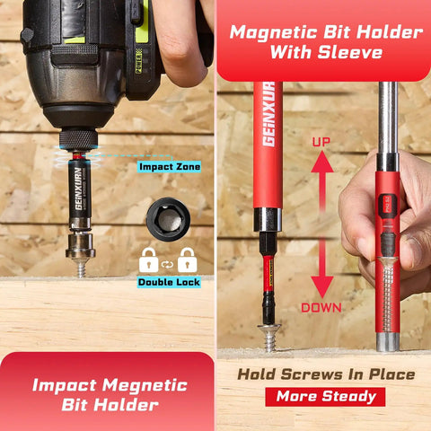 Image showing 98 Piece Impact Screwdriver Bit Set With Magnetic S2 Steel Bits 1in And 2in in use with impact driver and bit holder.