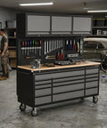 Heavy Duty Rolling Tool Chest Featuring 14 Lockable Drawers And Three Secure Cabinets Built For Serious Garage Organization And No Nonsense Shop Stash in a garage.