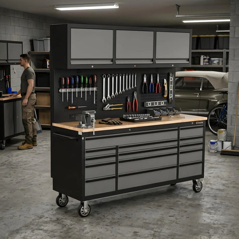 Heavy Duty Rolling Tool Chest Featuring 14 Lockable Drawers And Three Secure Cabinets Built For Serious Garage Organization And No Nonsense Shop Stash in a garage.