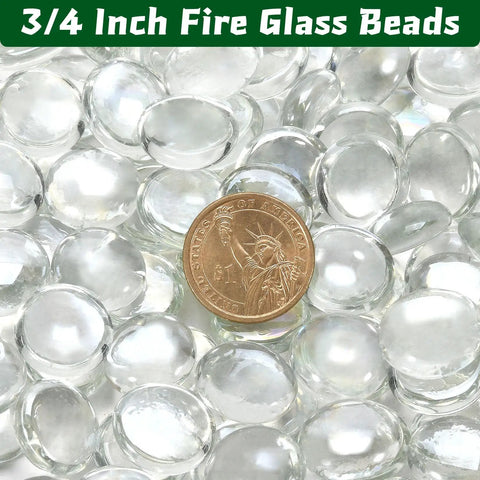 10 Pound Fire Pit Glass Beads Three Quarter Inch Crystal Luster close-up with coin for size comparison