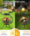 Vintage Solar Bird Bath With Flower Planter Pedestal Outdoor Metal Bird Bath For Garden Yard Patio Lawn Decor Solar Powered Lighted Birdbath For Hummingbirds And Songbirds Dope Rustic Garden Centerpiece, showing daytime and nighttime views with flowers and solar lamp.