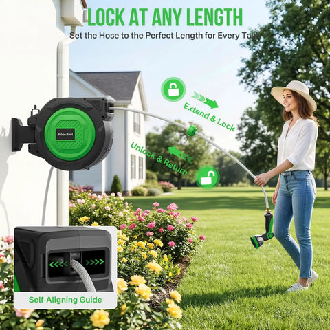 Woman using Heavy Duty Wall Mounted Garden Hose Reel With 180 Degree Swivel Bracket One Half Inch By 100 Feet Hose Automatic Slow Rewind
