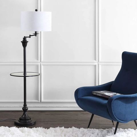 60 Inch Oil Rubbed Bronze Floor Lamp With Integrated Glass Side Table Sleek Swing Arm Design For Living Room White Linen Shade LED Bulb Included Energy Saving