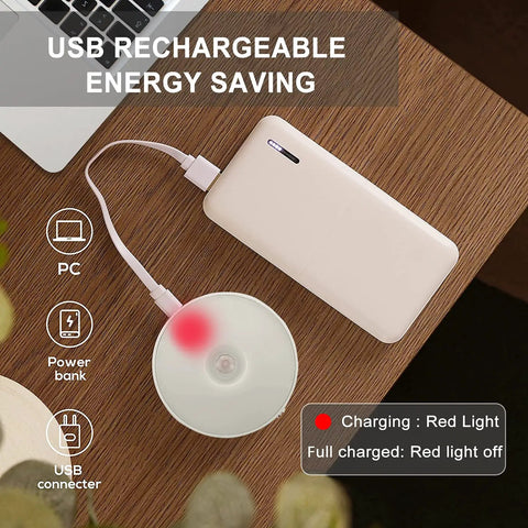 USB charging process of the Cordless Motion Sensor LED Night Light Upgraded Wireless Wall And Stair Hallway Closet Light Stick Anywhere Rechargeable Indoor Lighting Auto On Off 13 Ft Range 120 Degree Coverage White Pack Of 5