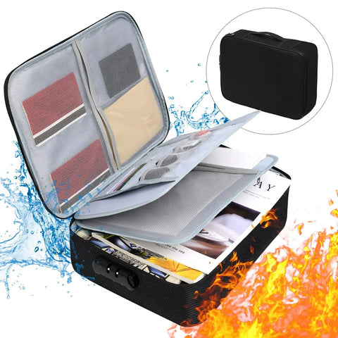 Fireproof Document Box With Lock Three Layer Organizer Bag for Passports Cash Valuables Important Files, water and fire resistant case.