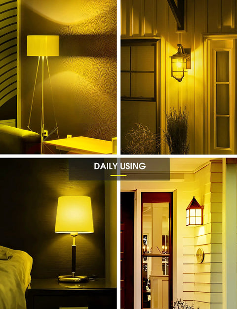 Yellow Outdoor Bug Light Bulbs A19 9W Amber 2000K Not Dimmable E26 Base 60W Equivalent in various home settings