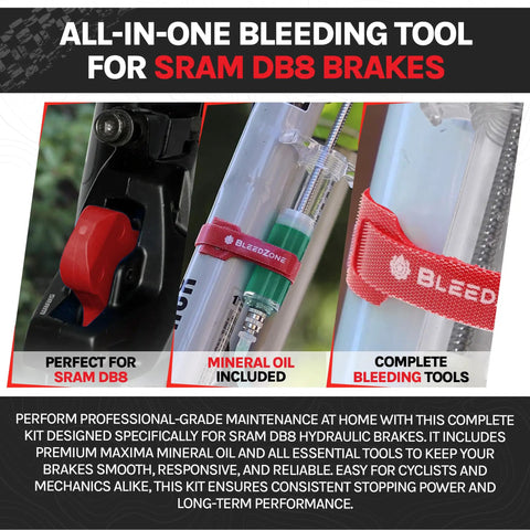 Close-up of SRAM DB8 Brake Bleed Kit with Maxima Mineral Oil, Pro PC syringes and M4 fittings for MTB and road bikes.