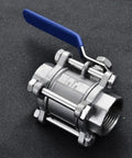 Heavy Duty 3-Section Full Port Ball Valve With Handle, SS304 Stainless Steel BSPT Female, Ideal For Water Gas Oil, Size Range 1/4 Inch Through 2 Inch, DN80 BSP, Durable Industrial Ball Valve, blue lever