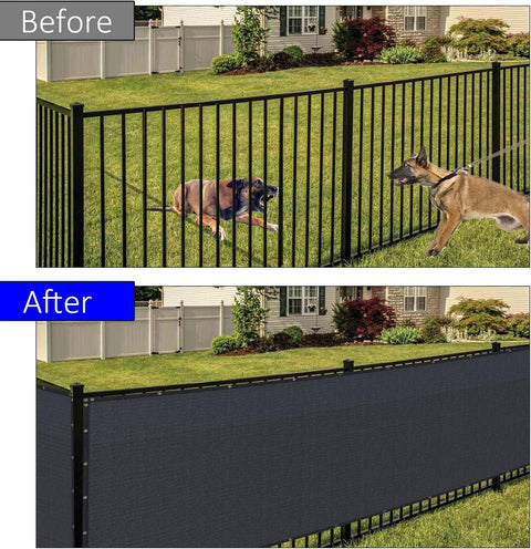 Before and after showing installation of Privacy Screen Fence Netting 8 Feet By 50 Feet Black Heavy Duty Mesh Shade Cover for privacy.
