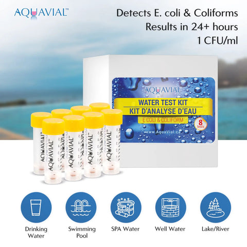 Get an A-Okay read on your well or tap water with this legit 8 pack water testing kit showing test tubes and packaging.