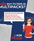 Graphic with woman pointing at text promoting multipack savings with humidifier wick filters for HWF62, HWF62D, and H62 humidifiers.