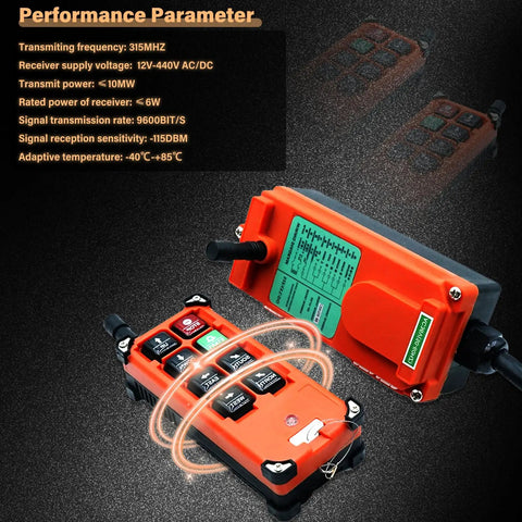 Heavy Duty Full Voltage Industrial Wireless Crane Remote Control Kit For Electric Lift Hoist And Overhead Tower Bridge Systems, 12V To 440V, 315MHz RF, Includes Two Transmitters And One Receiver, Orange showing performance parameters.