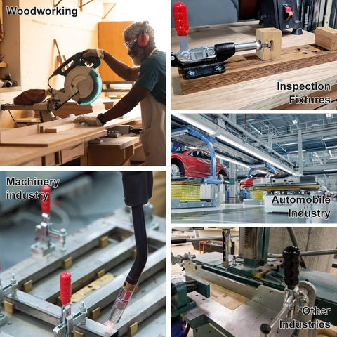 4 Pack GH 305C Push Pull Toggle Clamp Kit With Quick Release Stroke And 500 Lbs Holding Power For Welding, Woodworking, Metalworking And More, Beefy Durable Heavy Duty Build shown on various industrial applications including woodworking, inspection fixtures, and automobile industry.