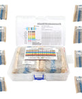 Front view of open clear plastic case containing 3120-piece metal film resistor kit with assorted values 1Ω–10MΩ