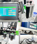 Control panel of Automatic Desktop Round Bottle Labeler Plug And Play Conveyor Applicator with touch screen interface.