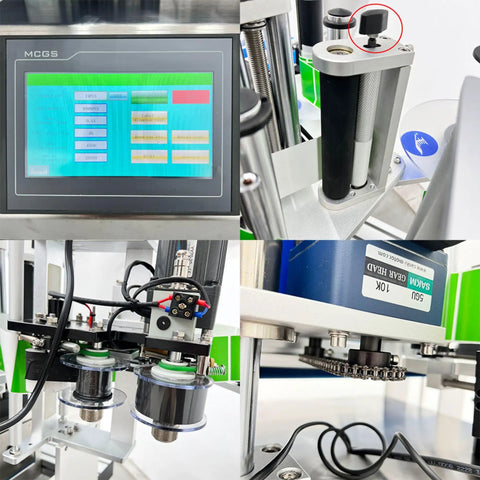 Control panel of Automatic Desktop Round Bottle Labeler Plug And Play Conveyor Applicator with touch screen interface.