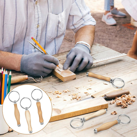 Woodturning keychain kit, 12 pieces, with wooden handles and metal rings; inset shows three handles.