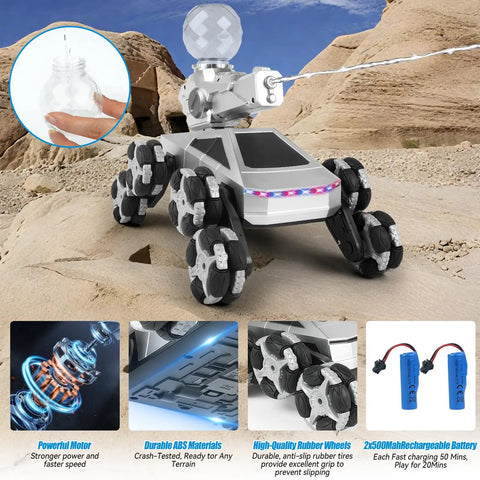 All Terrain One Sixteenth Scale Remote Control Car For Kids And Teens Eight Wheel Stunt Monster Truck Toy RC Car For Boys Ages Four Through Fourteen Plus Awesome Christmas Birthday Gift Durable Off Road Fun with images of motor, wheels, materials, and batteries