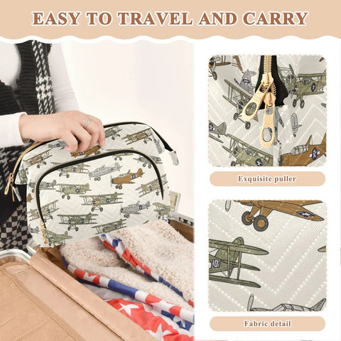 Woman placing Vintage Aircraft Cartoon Makeup Bag with Quilted Design in luggage, showcasing durable polyester fabric.
