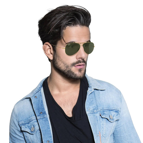 Man wearing Shooter Aviator Sunglasses, Metal Frame With Gold Blush And G-15 Green Lenses, 62mm, Prescription Ready, Case Included