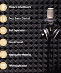 Straight Up Pro Grade Pyramid Acoustic Foam Panels 36 Pack Sound Dampening Wall Tiles 12 By 12 By 2 Inch Thick in studio with microphone.