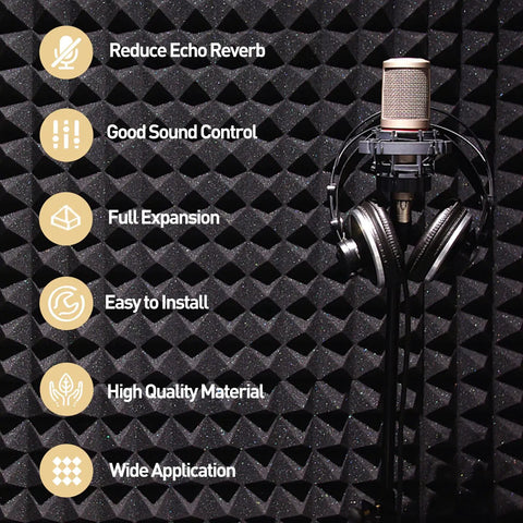Straight Up Pro Grade Pyramid Acoustic Foam Panels 36 Pack Sound Dampening Wall Tiles 12 By 12 By 2 Inch Thick in studio with microphone.
