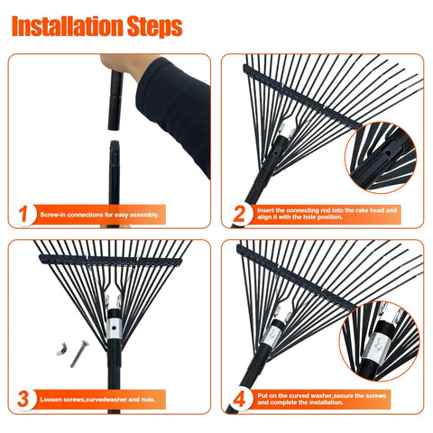 Installation steps for Wide 22-Tine Leaf Rake With 22.8 Inch Head And Adjustable 33 To 67 Inch Metal Handle.