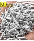 A hand holding 120 dome head pop rivets from the 120 Piece Aluminum Blind Rivet Kit Pop Rivets Assortment For Fast One Sided Riveting In Furniture And DIY Friendly Projects Dome Head Aluminum Alloy Rivets Heavy Duty Rust Resistant Options Includes Rivet Nut Tools