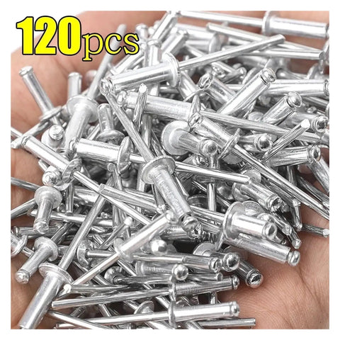 A hand holding 120 dome head pop rivets from the 120 Piece Aluminum Blind Rivet Kit Pop Rivets Assortment For Fast One Sided Riveting In Furniture And DIY Friendly Projects Dome Head Aluminum Alloy Rivets Heavy Duty Rust Resistant Options Includes Rivet Nut Tools