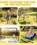 Children and adults enjoying 3-In-1 Backyard Swing Set With Platform Swing And Two Belt Swings, Heavy-Duty Metal Frame, 600 Lb Capacity