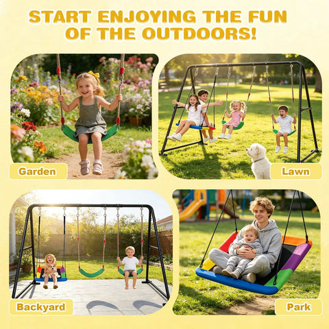 Children and adults enjoying 3-In-1 Backyard Swing Set With Platform Swing And Two Belt Swings, Heavy-Duty Metal Frame, 600 Lb Capacity