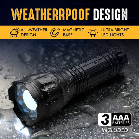 Go-To Five Lighting Modes Tactical LED Flashlight With Laser Pointer, UV Blacklight, Green Light, Magnetic Bottom, wet on surface