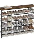 Heavy Duty Five Tier Shoe Rack Organizer With Thick Wooden Shelves And Steel Frame For Closet And Entryway Clutter Busting Storage Holds Up To Thirty Pairs In Top Notch Style with shoes on display.