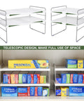 Expandable Kitchen Wrap Box Organizer Rack With Custom Adjustable Width And Height For Foil Paper Towel Storage In Pantry Cabinet Or Counter showing adjustable shelves with storage bags.