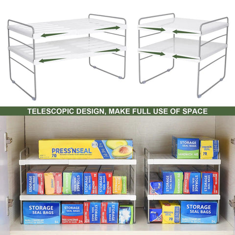 Expandable Kitchen Wrap Box Organizer Rack With Custom Adjustable Width And Height For Foil Paper Towel Storage In Pantry Cabinet Or Counter showing adjustable shelves with storage bags.