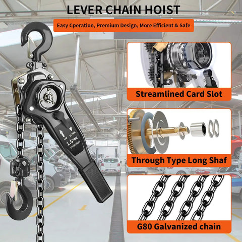 No Sweat Heavy Duty Manual Lever Chain Hoist Come Along 1.5 Ton with G80 chain and swivel hook in workshop setting.