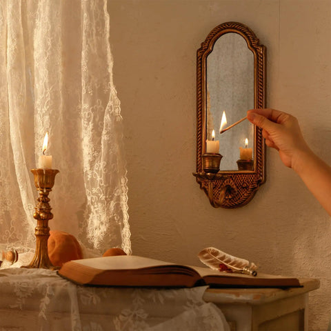 Vintage Gold Wall Mounted Candle Sconce With Mirrored Backplate And Floral 3D Woven Texture For Bathroom Or Living Room Certified Prime Real Estate Home Decor Accessory That Elevates Your Daily Vibes Always with a lit candle.